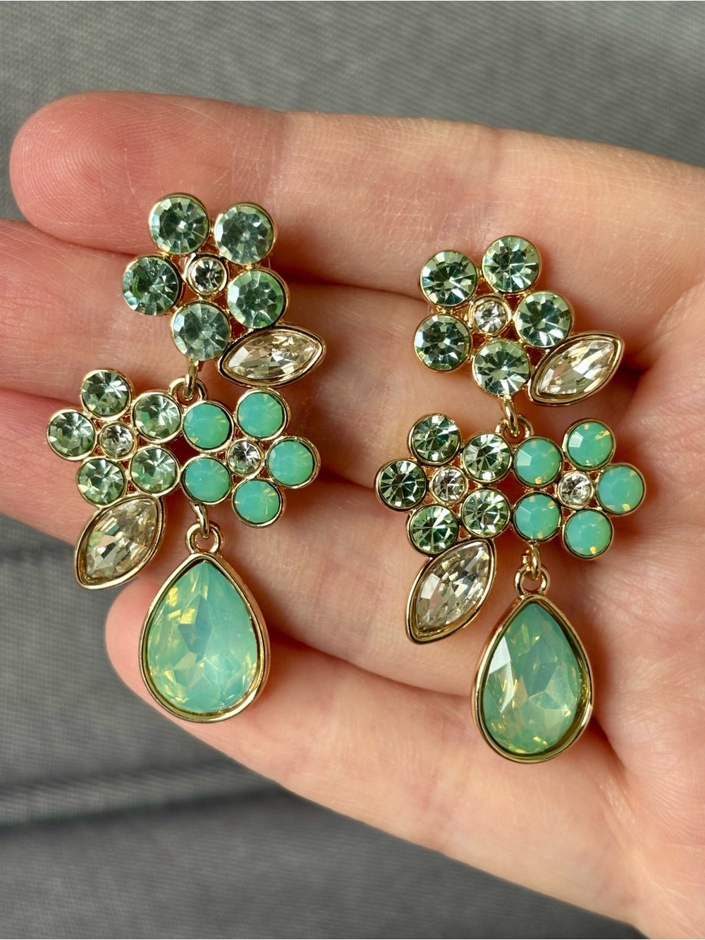 Gold-Tone Aqua Floral Drop Earrings with Teardrop Crystal